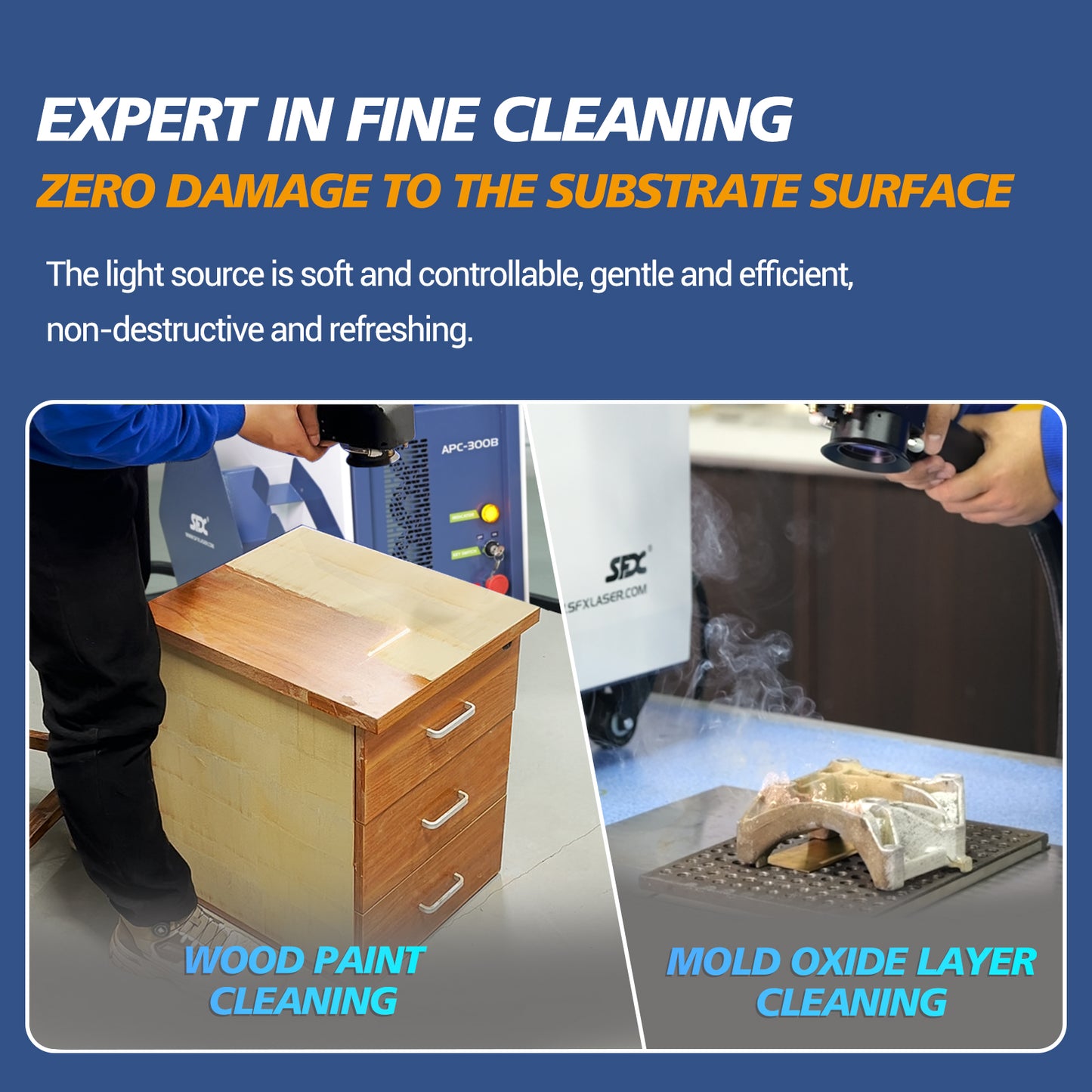 SFX Laser APC 300W Pulsed Laser Cleaning Machine Air-Cooled Laser Rust Removal for Wood Metal