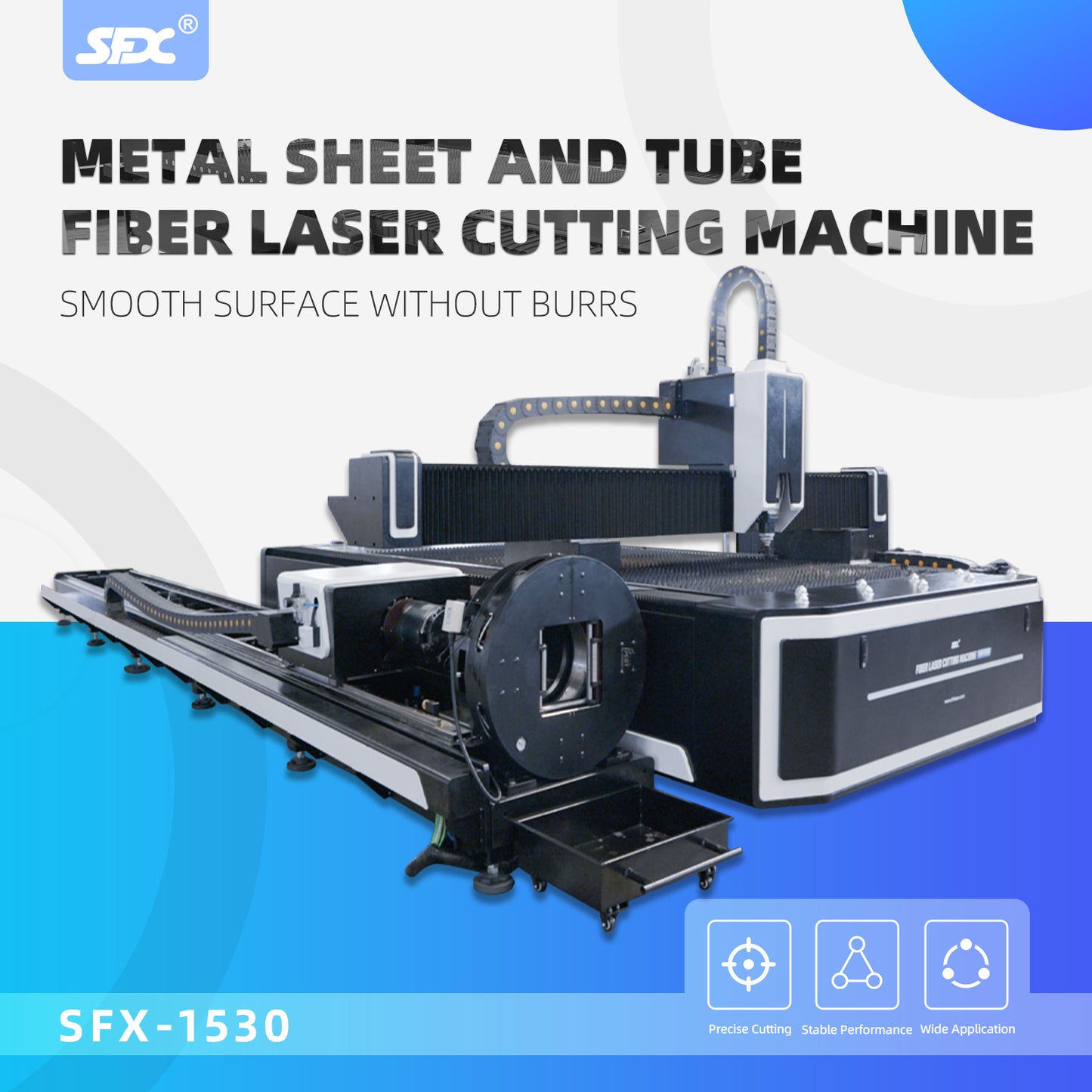 SFX 3KW/6KW Fiber Laser Metal Sheet/Tube Cutting Machine 1500x3000mm for SS, Mild Steel, Carbon Steel, Alloy Steel, Galvanized Sheet, Aluminum Plate Pipes
