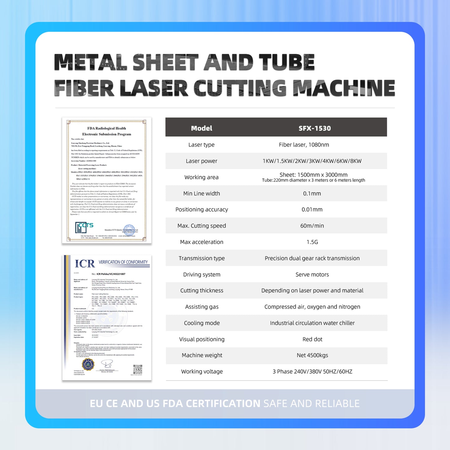 SFX 3KW/6KW Fiber Laser Metal Sheet/Tube Cutting Machine 1500x3000mm for SS, Mild Steel, Carbon Steel, Alloy Steel, Galvanized Sheet, Aluminum Plate Pipes