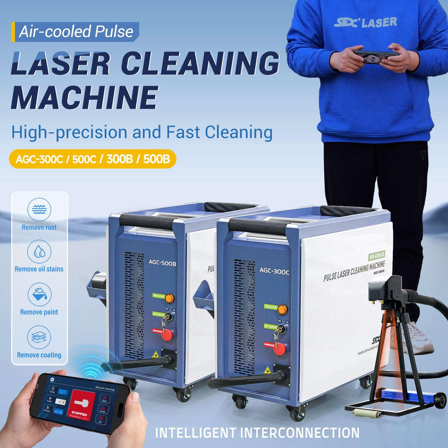 SFX AGC 300W/500W Laser Cleaning Machine –110V IoT-Connected & Self-Propelled Pulsed Laser Rust Remover for Precise Metal Cleaning in Automotive, Rail, and Industrial Use