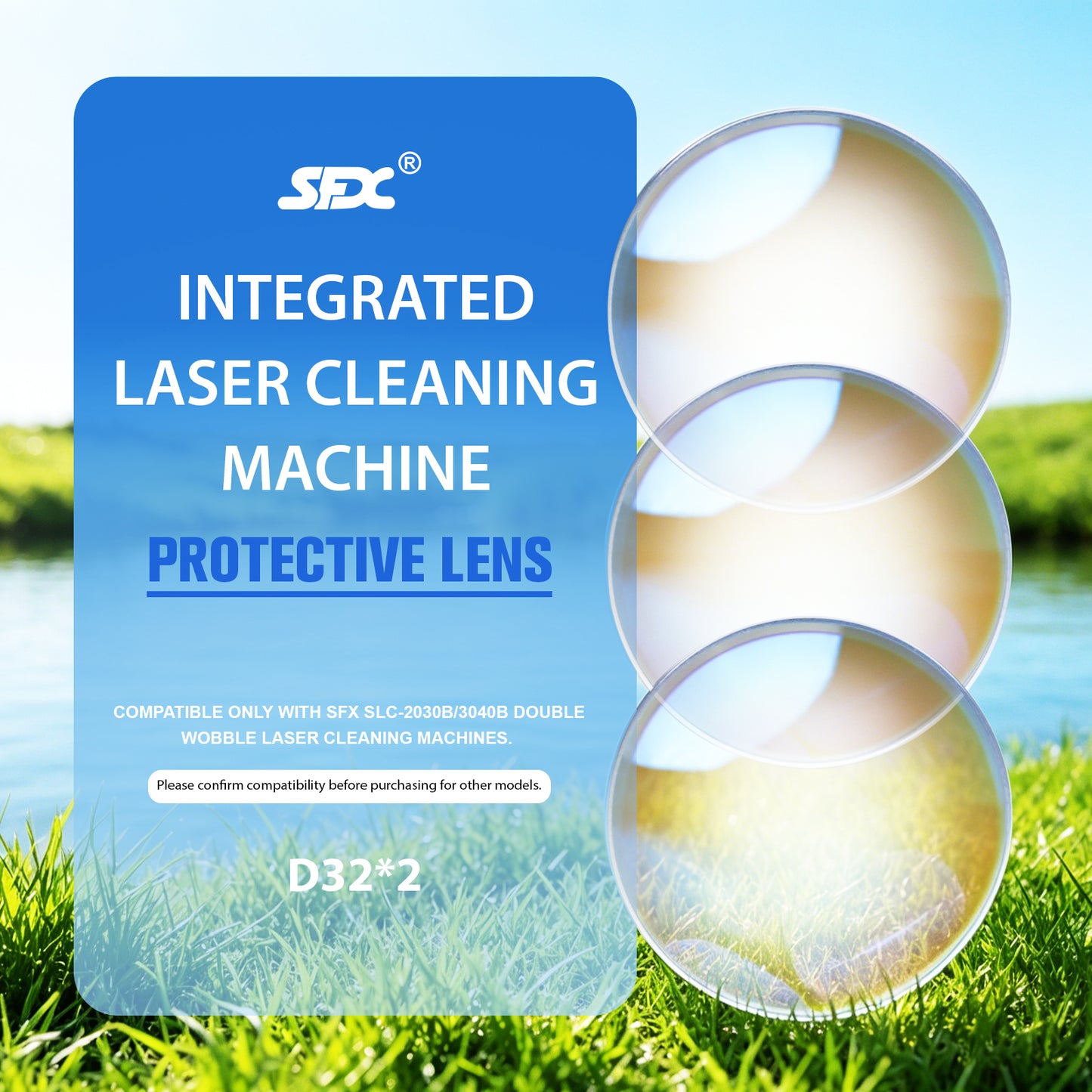 SFX 32×2 mm Double Wobble Laser Cleaning Machine Protective Lens– Fits SLC-2030B SLC-3040B