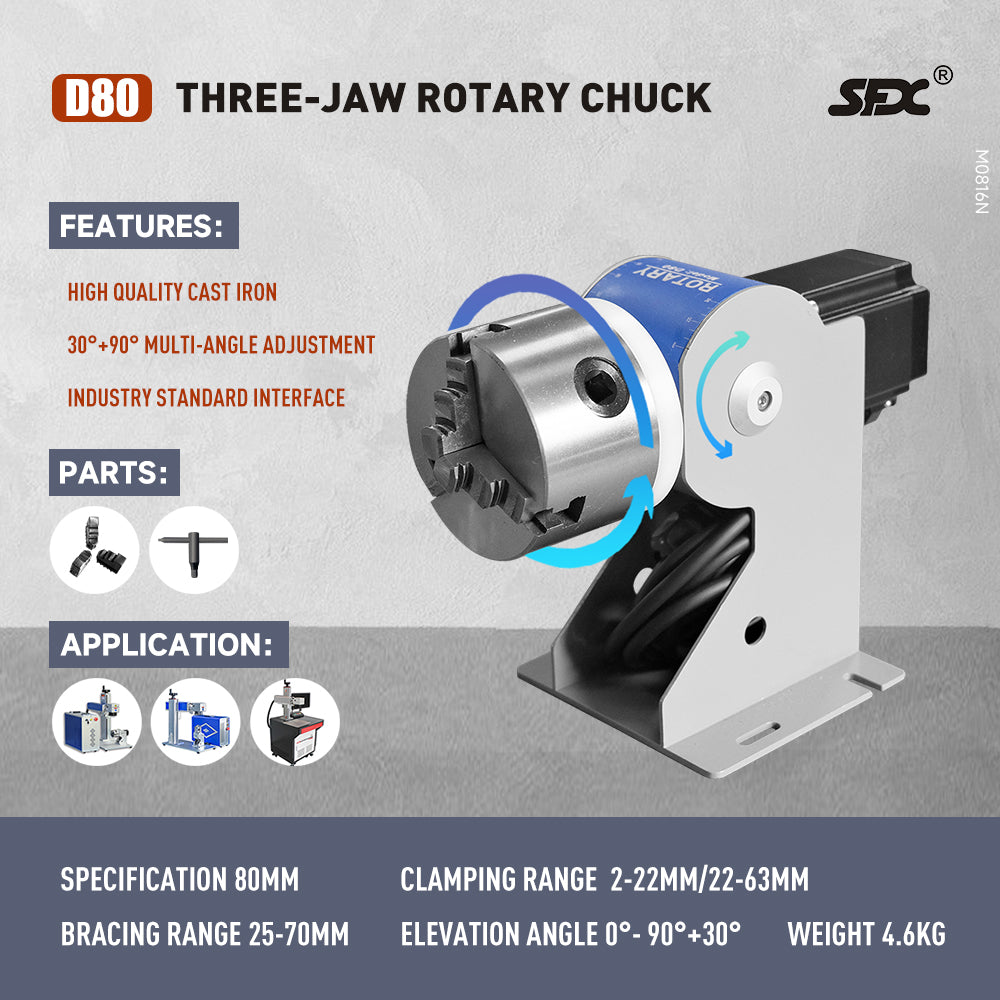 SFX Rotary Axis Rotary Chuck Rotating Shaft D80/D100/D125 with Driver for Laser Marking/Engraving Machine